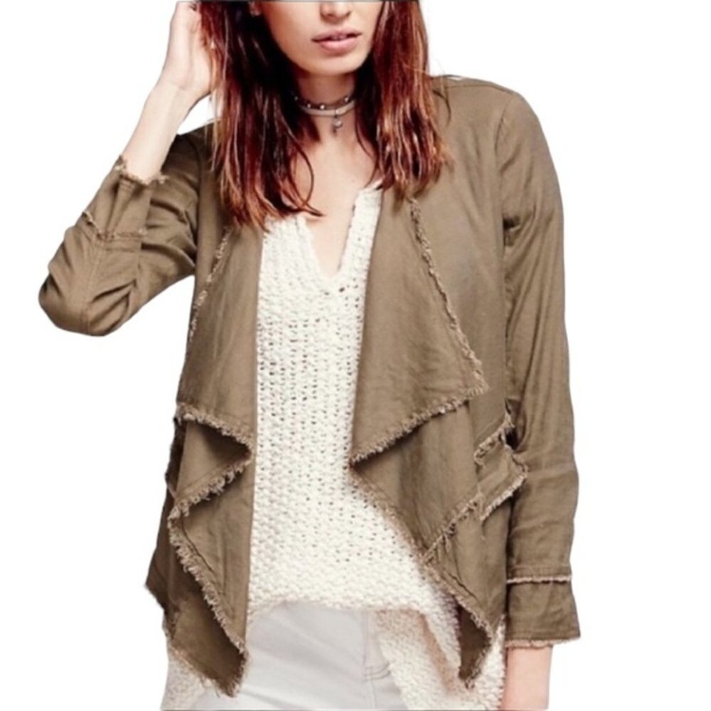 FREE People Olive Linen Blend Raw Finish Waterfall Jacket Size XS